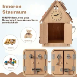 Großer Motorikspielzeug für Kinder ab 3 Jahre Kinderspielhaus aus Holz mit 23 Zubehörteilen & Stauraum