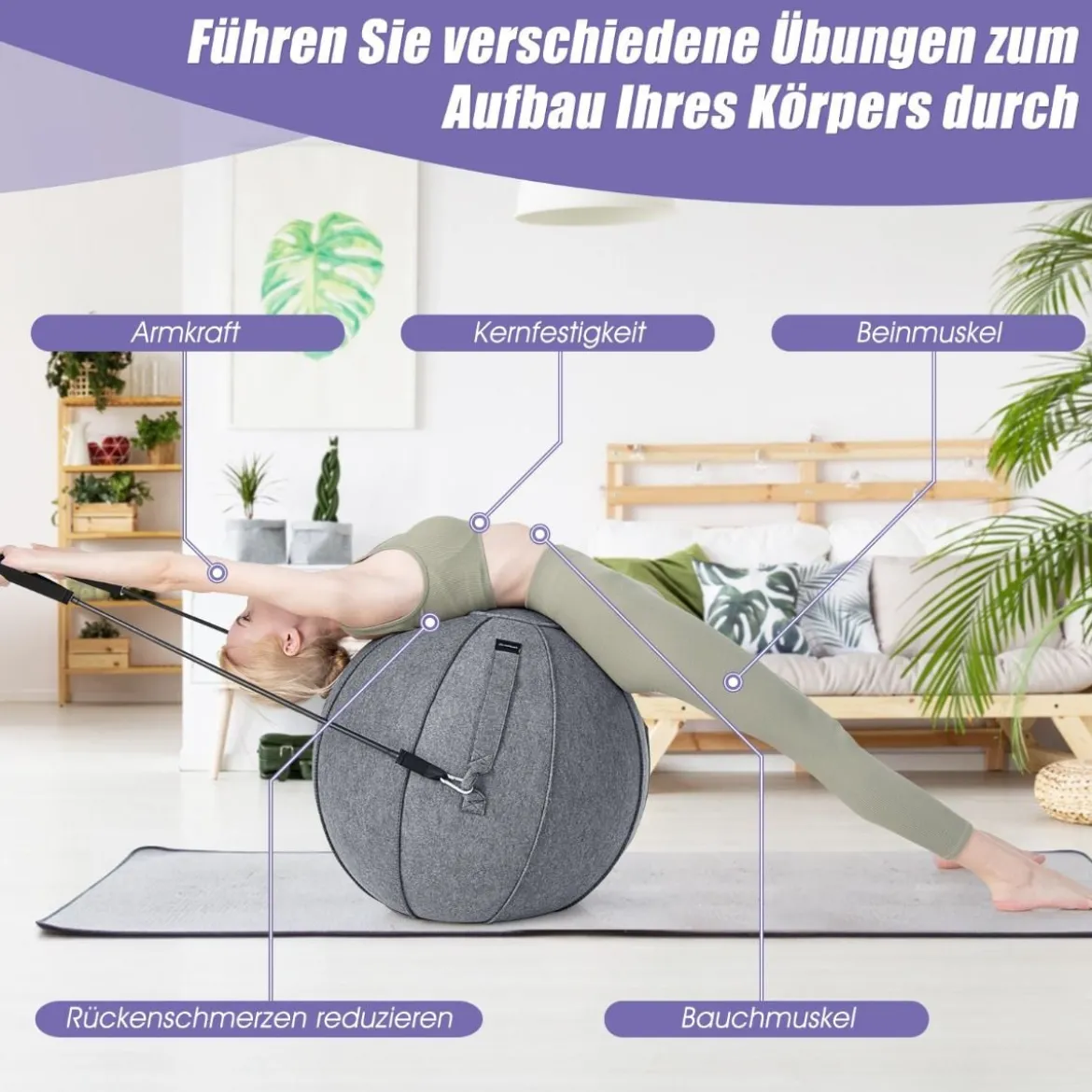 Gymnastikball φ 65 cm Yoga Ball mit Cover & Griff Sitzball für Yoga und Pilates Grau