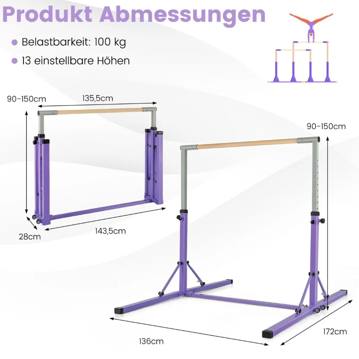 Gymnastik Turnreck Turnreck höhenverstellbar Turnstangen bis 100kg belastbar für den Innenbereich Rosa/Blau/Grün/Violett