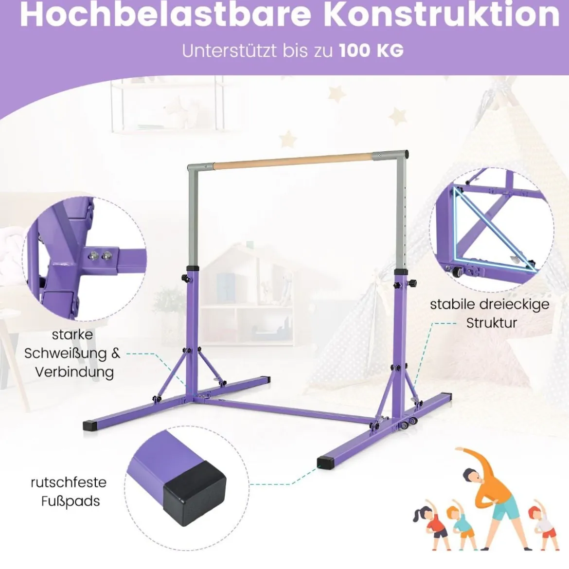 Gymnastik Turnreck Turnreck höhenverstellbar Turnstangen bis 100kg belastbar für den Innenbereich Rosa/Blau/Grün/Violett