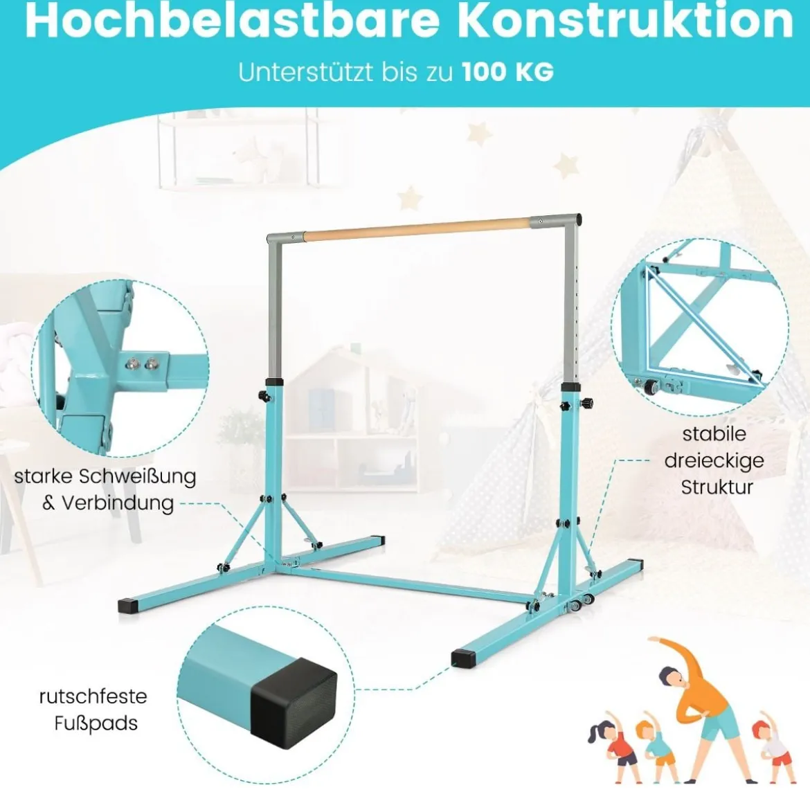 Gymnastik Turnreck Turnreck höhenverstellbar Turnstangen bis 100kg belastbar für den Innenbereich Rosa/Blau/Grün/Violett