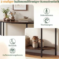 Halbrunder Flurtisch mit 2 Offenen Ablagen Schamler Konsolentisch Einganstisch Rustikales Braun
