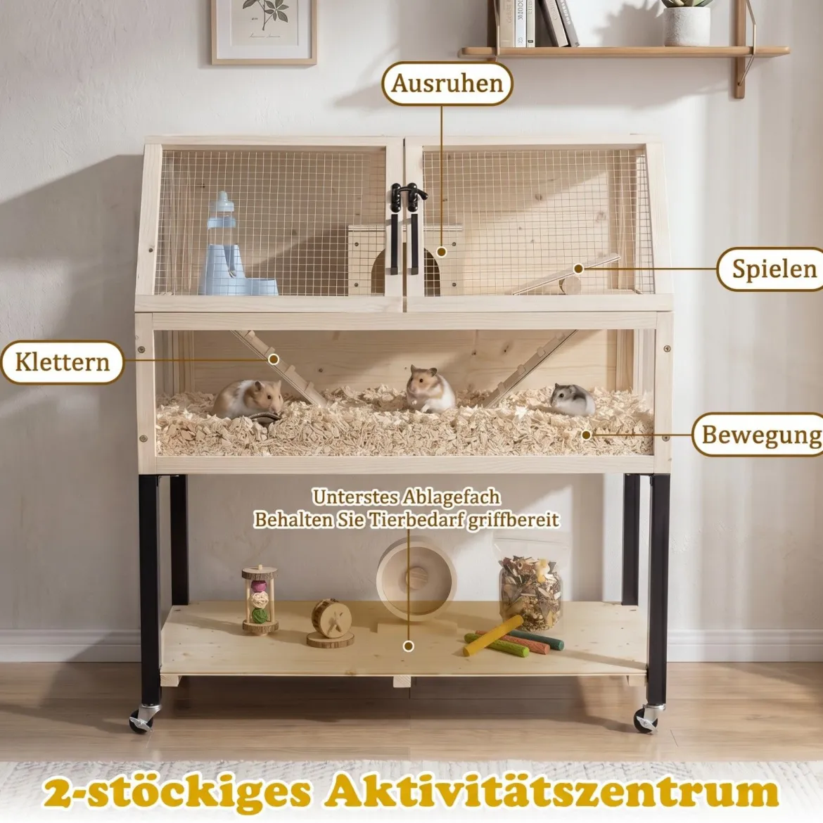 Hamsterkäfig aus Holz mit Rollen & Transparenten Acrylplatten 2-stöckiger Nagerkäfig 87 x 42 x 101 cm Natur