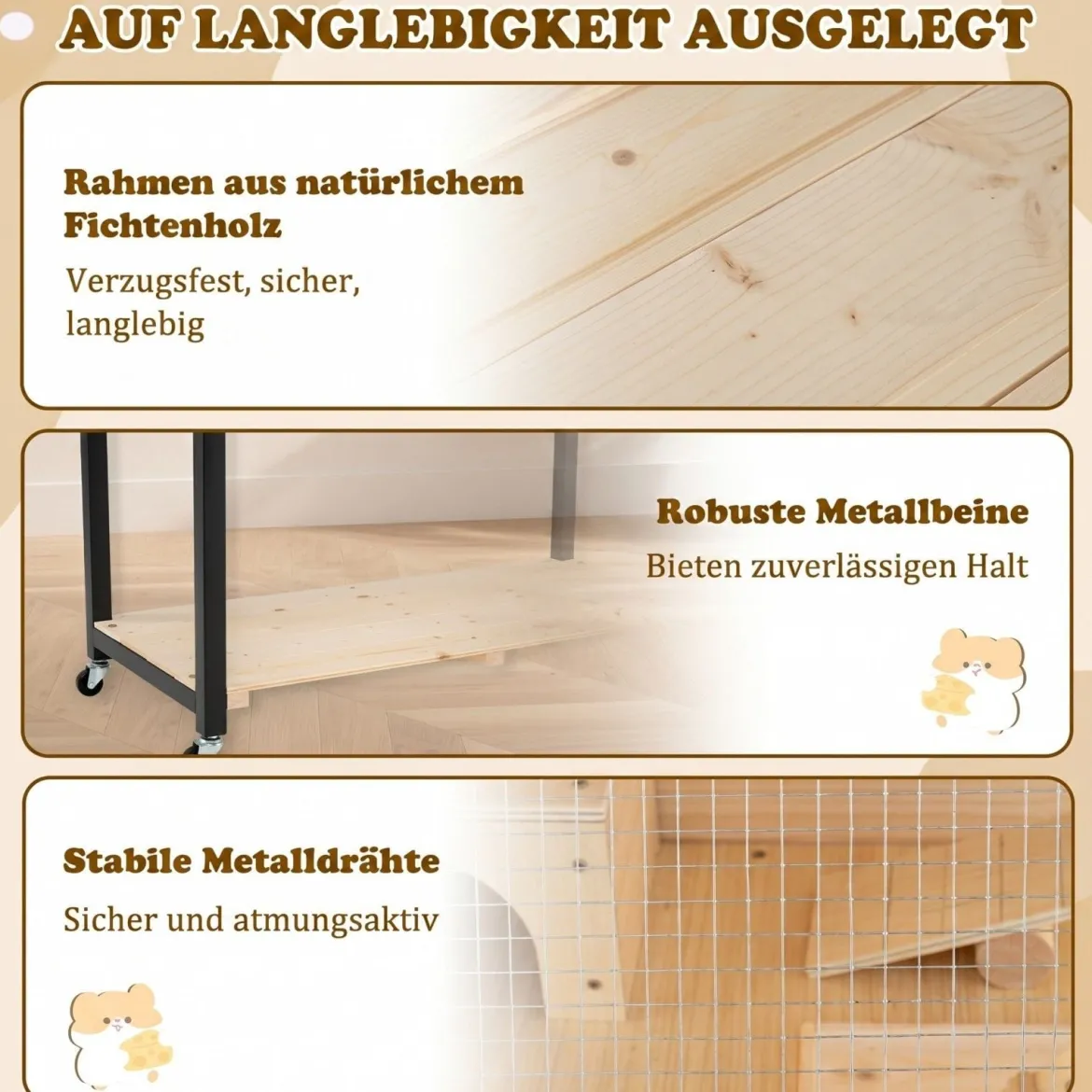 Hamsterkäfig aus Holz mit Rollen & Transparenten Acrylplatten 2-stöckiger Nagerkäfig 87 x 42 x 101 cm Natur