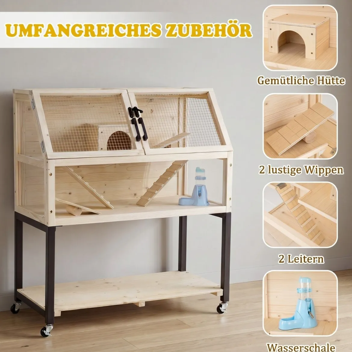 Hamsterkäfig aus Holz mit Rollen & Transparenten Acrylplatten 2-stöckiger Nagerkäfig 87 x 42 x 101 cm Natur