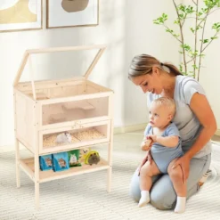 Hamsterkäfig mit Mesh-Klappdach & Acrylplatte & Abschließbare Tür Hamsterlaufstall