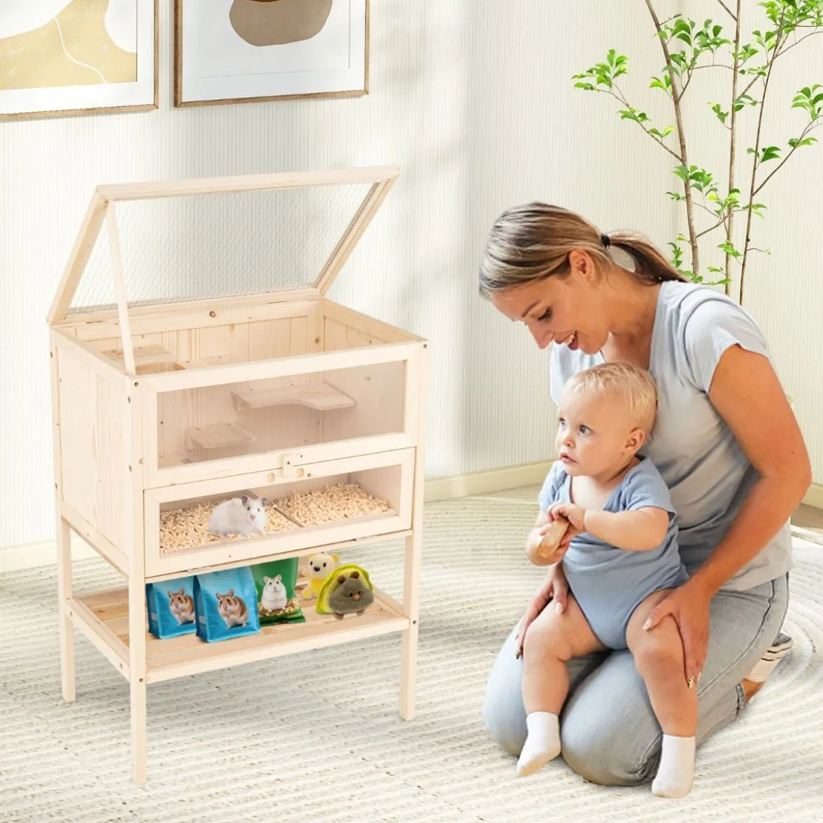 Hamsterkäfig mit Mesh-Klappdach & Acrylplatte & Abschließbare Tür Hamsterlaufstall