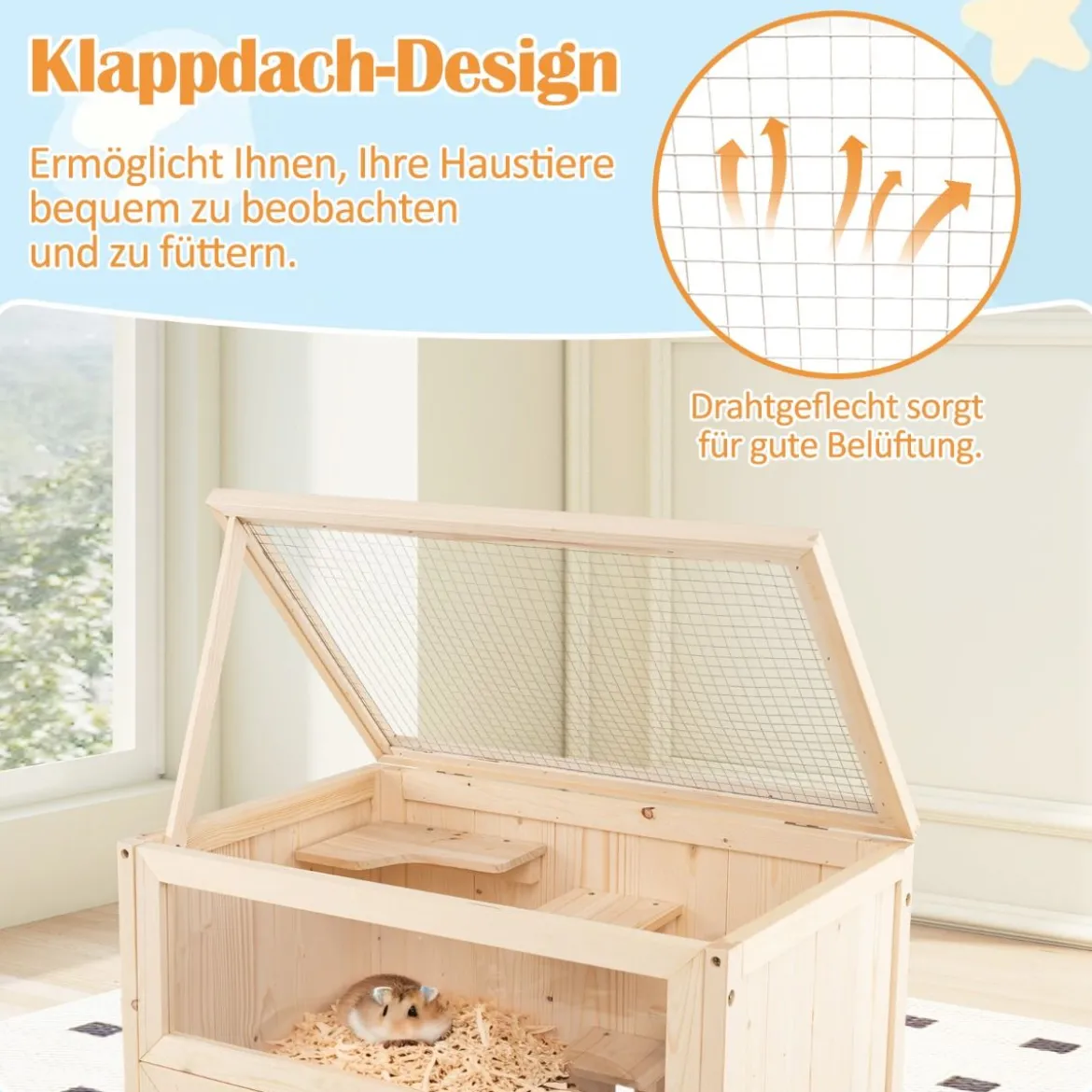 Hamsterkäfig mit Mesh-Klappdach & Acrylplatte & Abschließbare Tür Hamsterlaufstall