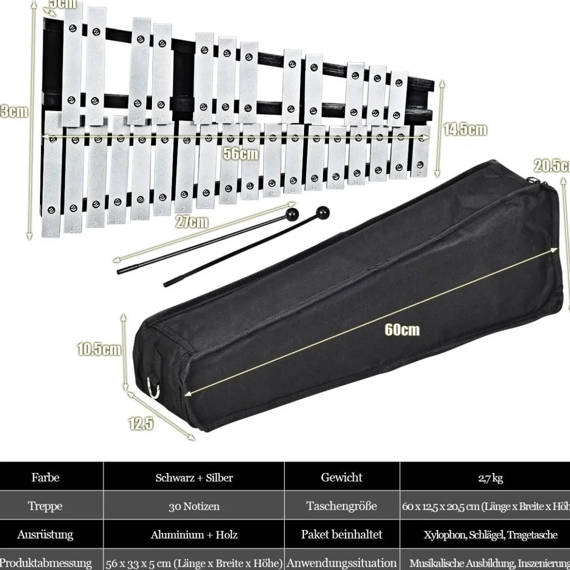 Handpercussion Glockenspiel Xylophon mit Schlägel Tragetasche 30 Noten