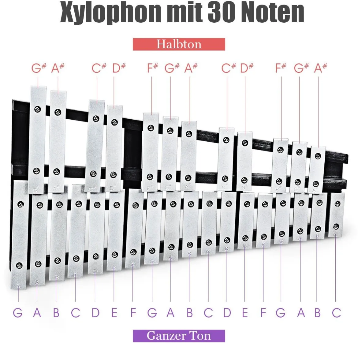 Handpercussion Glockenspiel Xylophon mit Schlägel Tragetasche 30 Noten