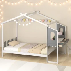 Hausbett mit Schreibtisch & Schubladen & Haken Kinderbett in Hausform mit Lattenrost
