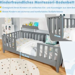 Hausbett 90 x 200 cm Kinderbett mit Rausfallschutz und 2 Regalen Holzbett in Hausform mit Fenster Weiß + Grau