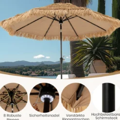 Hawaii Sonnenschirm 300 cm mit 32 LED Beleuchtung Reisstroh Strandschirm mit Neigungsfunktion