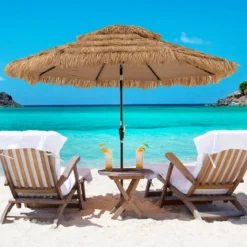 Hawaii Sonnenschirm 300 cm mit 32 LED Beleuchtung Reisstroh Strandschirm mit Neigungsfunktion