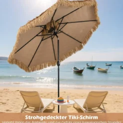 Hawaii Sonnenschirm mit Doppeldach Neigbarer Strohschirm Gartenschirm Stroh Strandschirm
