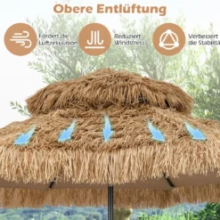Hawaii Sonnenschirm mit Doppeldach Neigbarer Strohschirm Gartenschirm Stroh Strandschirm