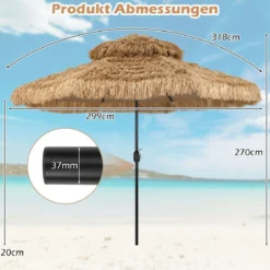 Hawaii Sonnenschirm mit Doppeldach Neigbarer Strohschirm Gartenschirm Stroh Strandschirm