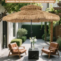 Hawaii Sonnenschirm mit Doppeldach Neigbarer Strohschirm Gartenschirm Stroh Strandschirm