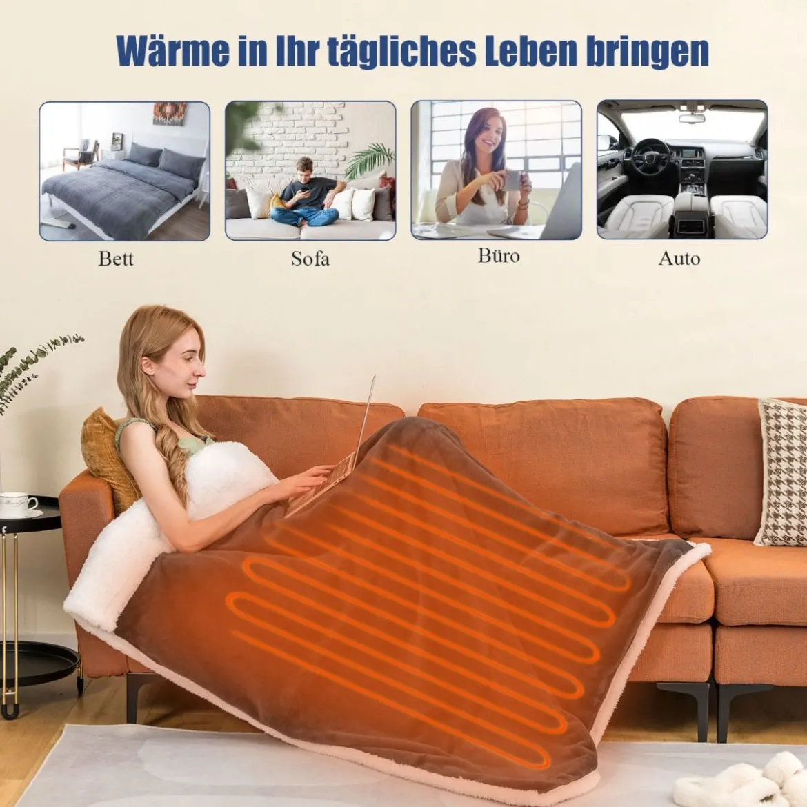 Heizdecke 9 Heizstufen 20-46℃ Beheizbare Wolle Decke 9H Timer 163 x 128 cm Grau