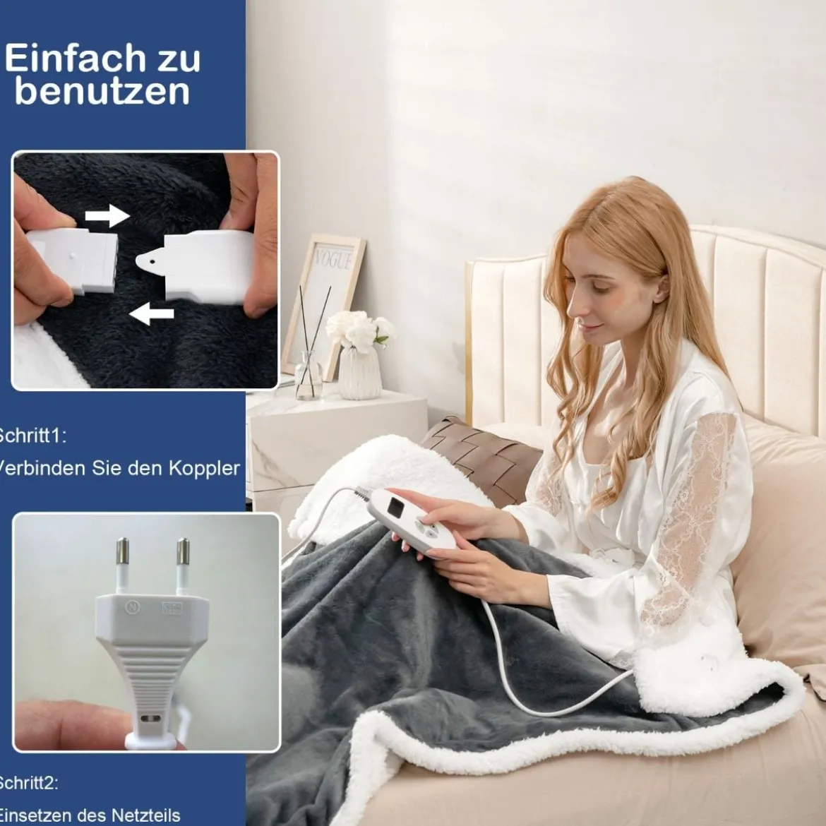 Heizdecke 9 Heizstufen 20-46℃ Beheizbare Wolle Decke 9H Timer 163 x 128 cm Grau