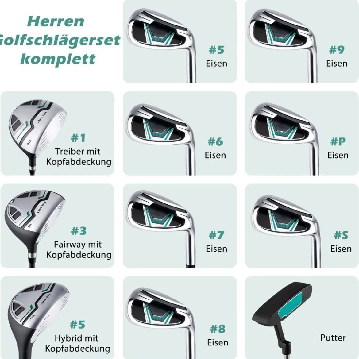 Herren Golfschläger Set 11 teilige Golfschlägersätze rechtshändig mit Regenhaube Grün