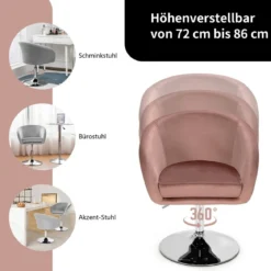 Höhenverstellbarer Akzentstuhl 360° Drehbarer Polsterstuhl bis 120kg Belastbar Samtstuhl Rosa