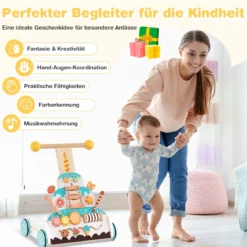 Höhenverstellbarer Baby Walker mit Aktivitätszentrum Holz Lauflernwagen Montessori Laufspielzeug