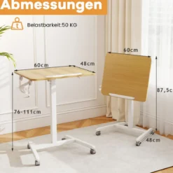 Höhenverstellbarer Beistelltisch mit Rollen & 90° Neigbarer Tischplatte Pflegetisch Betttisch