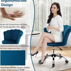 Höhenverstellbarer Bürostuhl aus Samt mit Rollen & Ergonomischem Design Computerstuhl
