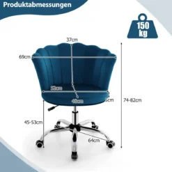 Höhenverstellbarer Bürostuhl aus Samt mit Rollen & Ergonomischem Design Computerstuhl