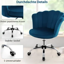 Höhenverstellbarer Bürostuhl aus Samt mit Rollen & Ergonomischem Design Computerstuhl