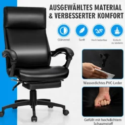 Höhenverstellbarer Chefstuhl Drehstuhl mit Kopfstütze & Einziehbarer Fußstütze Schwarz 360° drehbar 105-145° verstellbar