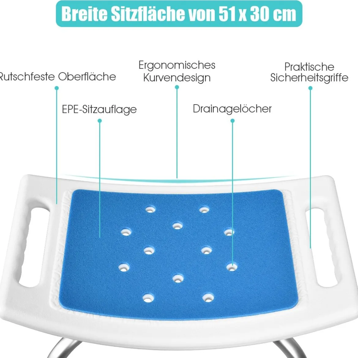 Höhenverstellbarer Duschhocker bis 150kg Belastbar Medical Duschstuhl aus Alu Blau