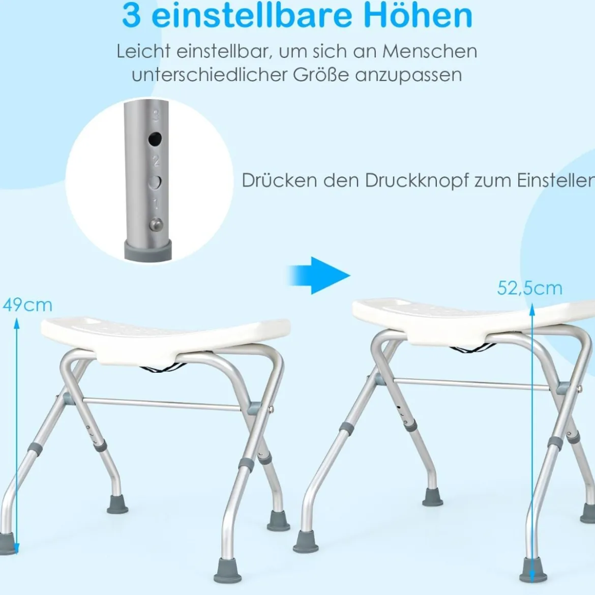 Höhenverstellbarer Duschhocker mit Rutschfesten Gummifüßen 150 kg Tragkraft Duschbank Weiß