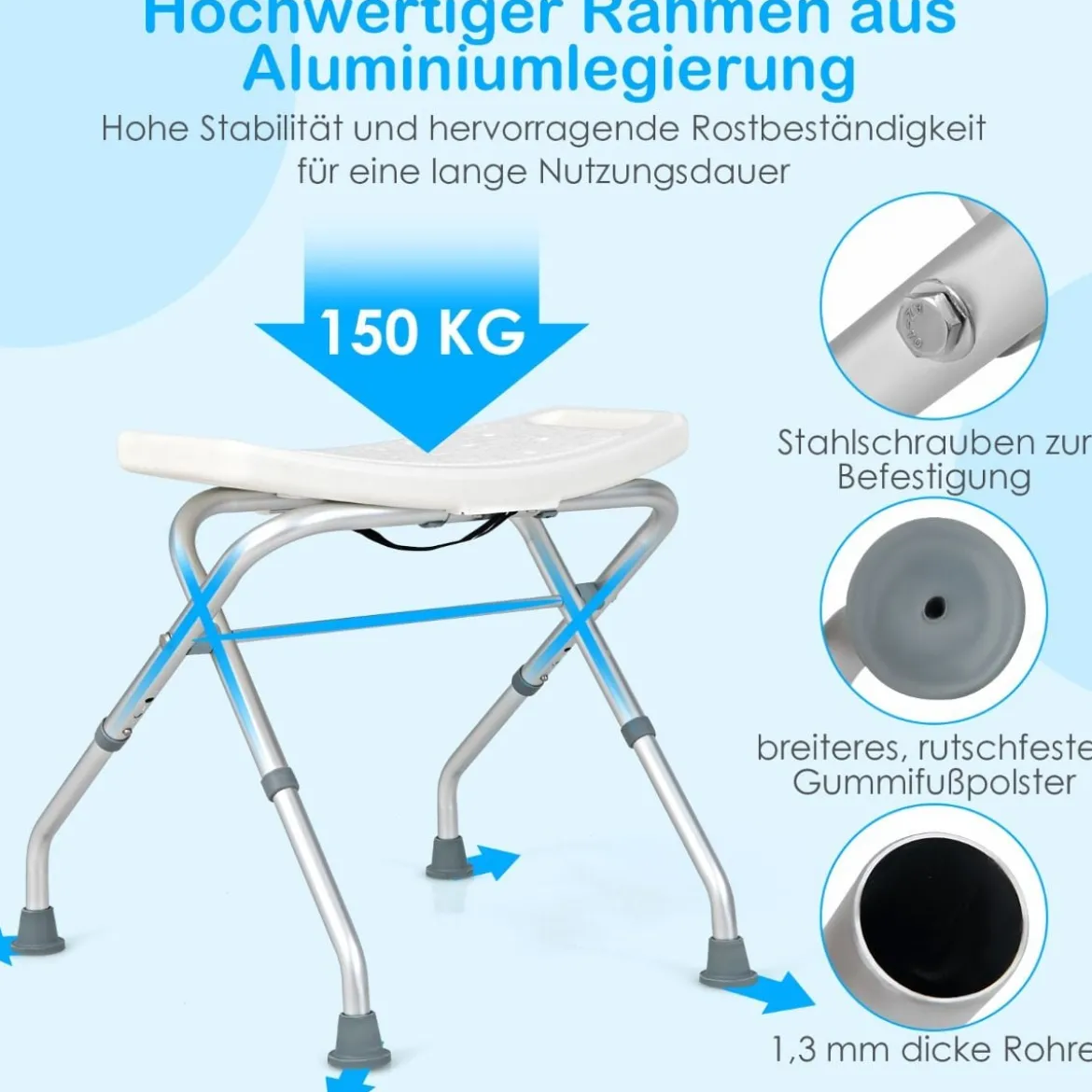 Höhenverstellbarer Duschhocker mit Rutschfesten Gummifüßen 150 kg Tragkraft Duschbank Weiß