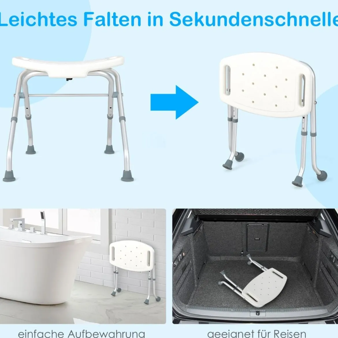 Höhenverstellbarer Duschhocker mit Rutschfesten Gummifüßen 150 kg Tragkraft Duschbank Weiß