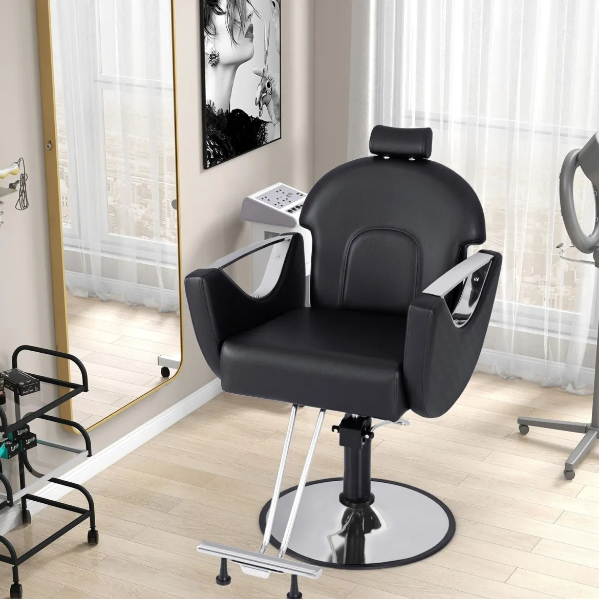 Höhenverstellbarer Friseurstuhl mit Kopfstütze & Hydraulikpumpe 360° Drehbarer Salonstuhl Schwarz