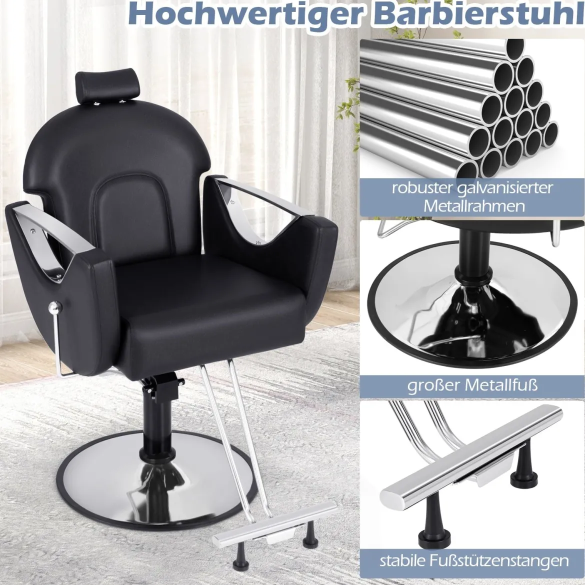 Höhenverstellbarer Friseurstuhl mit Kopfstütze & Hydraulikpumpe 360° Drehbarer Salonstuhl Schwarz