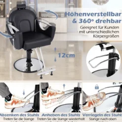 Höhenverstellbarer Friseurstuhl mit Kopfstütze & Hydraulikpumpe 360° Drehbarer Salonstuhl Schwarz