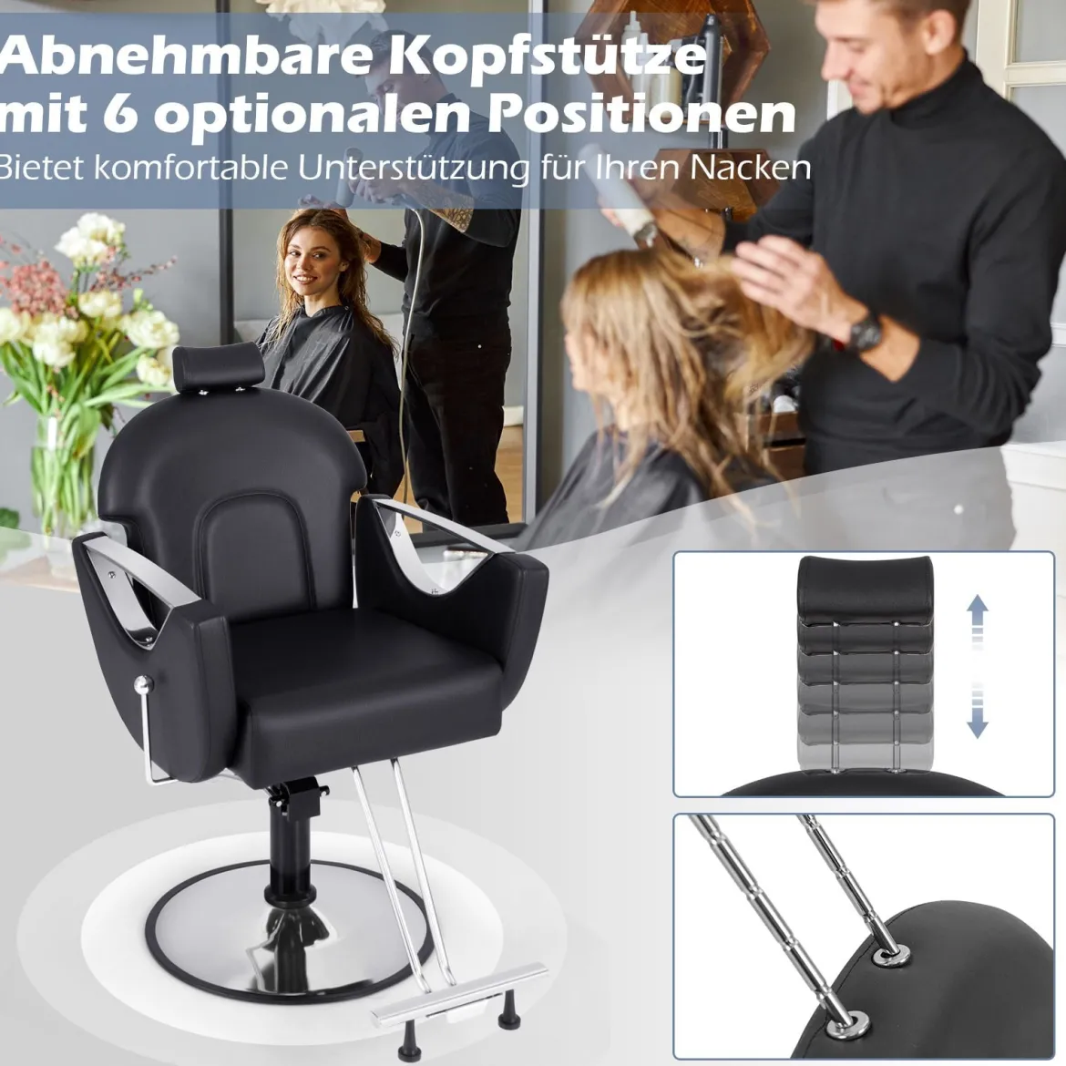 Höhenverstellbarer Friseurstuhl mit Kopfstütze & Hydraulikpumpe 360° Drehbarer Salonstuhl Schwarz