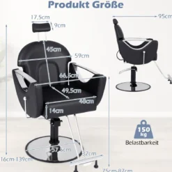 Höhenverstellbarer Friseurstuhl mit Kopfstütze & Hydraulikpumpe 360° Drehbarer Salonstuhl Schwarz