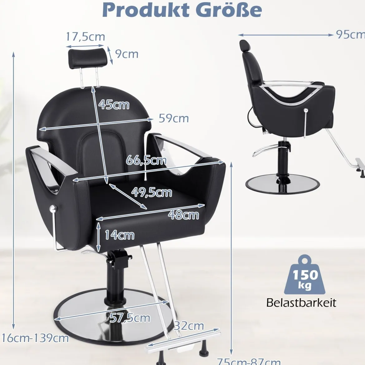 Höhenverstellbarer Friseurstuhl mit Kopfstütze & Hydraulikpumpe 360° Drehbarer Salonstuhl Schwarz
