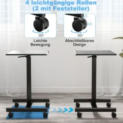 Höhenverstellbarer Laptop-Schreibtisch mit 4 Rädern Computertischwagen Pflegetisch bis zu 80 kg belastbar Schwarz
