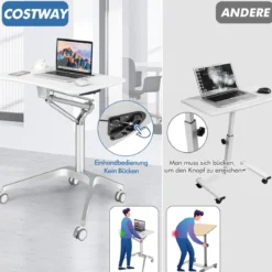 Höhenverstellbarer Schreibtisch Mobiler Laptoptisch mit Rollen 75 x 60 x 78-107 cm Weiß + Silber