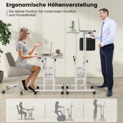 Höhenverstellbarer Sitz-Steh Schreibtisch mit 2-stufiger Computerarbeitsplatz auf Rollen Weiß