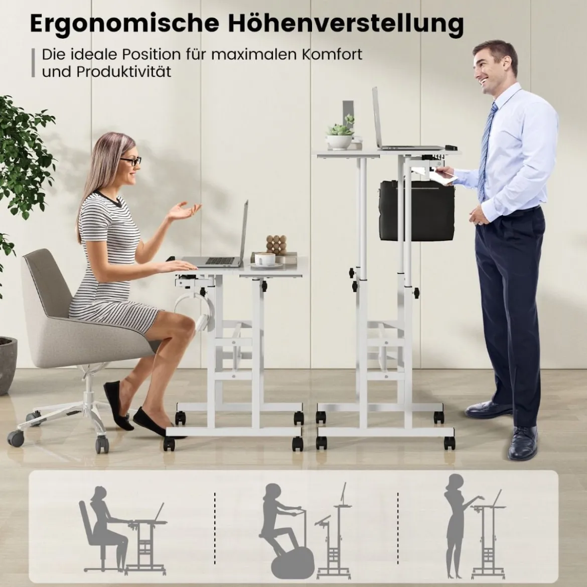 Höhenverstellbarer Sitz-Steh Schreibtisch mit 2-stufiger Computerarbeitsplatz auf Rollen Weiß