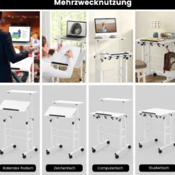 Höhenverstellbarer Sitz-Steh Schreibtisch mit 2-stufiger Computerarbeitsplatz auf Rollen Weiß