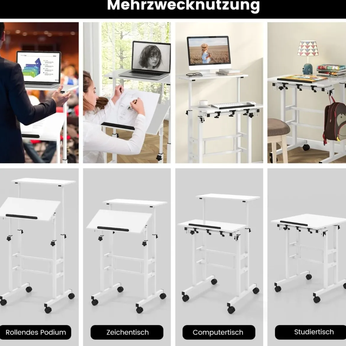 Höhenverstellbarer Sitz-Steh Schreibtisch mit 2-stufiger Computerarbeitsplatz auf Rollen Weiß