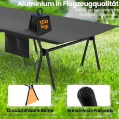 Höhenverstellbares Feldbett Campingbett mit Beinerweiterungen & Seitentasche & Netztasche