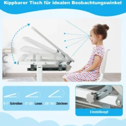 Höhenverstellbares Kinderschreibtisch Set mit Neigbarer Tischplatte & Schublade mit Stuhl Grau